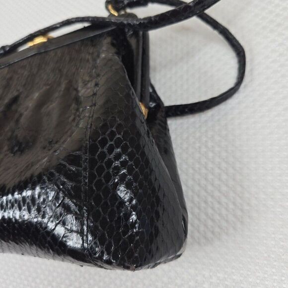 Vintage 60s Marlene Gaines Black Eel Leather Purse Gold Clasp Shoulder Strap - Picture 8 of 10